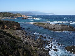 爪木崎から東伊豆の海岸。奥の山並は天城山