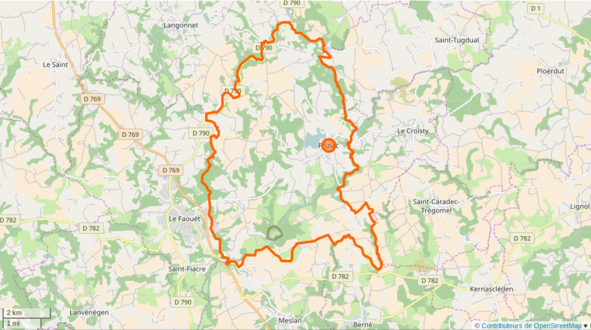 Carte en couleurs représentant les limites d'une commune.