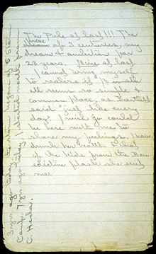 Photograph of Peary's diary entry for his arrival at the North pole