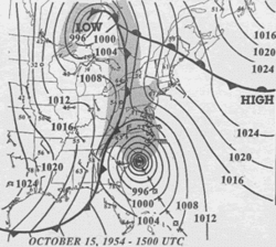 Carte de surface de l'ouragan Hazel arrivant sur la côte de Caroline du Nord(Source NOAA)