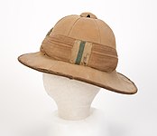 Side view of pith helmet, showing the regimental coloured flash. The same flashes were used on slouch hats worn by the British during world war two, but smaller.