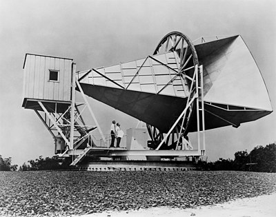 A black and white photograph of the Holmdel Horn Antenna