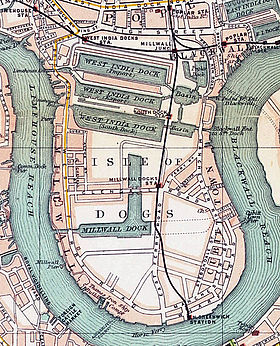 L'île aux Chiens devenue zone industrielle et portuaire, ici à son apogée en 1899.