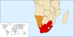 Location of South Africa 1910 until 1990. South West Africa (today Namibia) in orange, which was occupied by South Africa in 1915. Namibia gained independence in 1990.