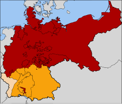 The North German Confederation (red). The southern German states that joined in 1871 to form the German Empire are in orange. Alsace-Lorraine, the territory annexed following the Franco-Prussian War of 1871, is in a paler orange.