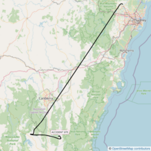Map zoomed into an area of New South Wales with a line showing the flight path in black