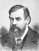 Engraving of the naturalist Frank Buckland at bust length with beard, coat and waistcoat, his tie-pin in shape of a fish