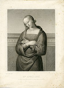 Sainte Apolline par Jean Bein d'après Raphaël (1842). Gravure sur acier, Département des collections d'images, Bibliothèque de la National Gallery of Art, Washington.