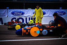 Megazord R2 - Bristol Grammar School, and The Chicken - Bormsgrove School line up on the front row of the 2018 IET F24 Kit Car Final.