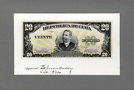 Twenty-peso silver certificate from the 1936 series, progress proof obverse, by the Bureau of Engraving and Printing