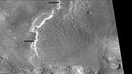 Fans in Baltisk crater, as seen by CTX camera. Note: this is an enlargement of a previous image. Arrows point to layered parts of the fans.