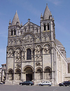 Angouleme Cathedral shows a turreted screen facade which gives little indication of the building's form and is typical of southern France.