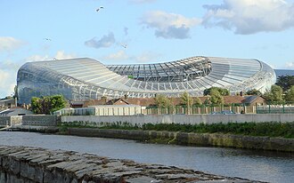 A photo of the Aviva Stadium from outside, in Dublin Ireland