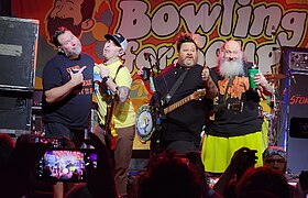 Bowling for Soup performing in 2023. From left to right: Gary Wiseman, Rob Felicetti, Jaret Reddick, and Chris Burney