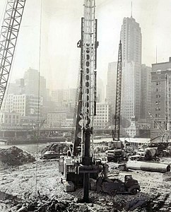 The foundation of Marina City being laid in 1961