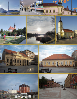 From the top, left to right: Stadion HNK Cibalia, Vinkovci railway station, landmark historical building on the promenade with Vinkovačke jeseni banners, Church of Saints Eusebius and Polion, Bosut river, Church of Pentecost, east side of the promenade, east side of the promenade, Slavonija hotel, Orion cycle astral calendar motives.