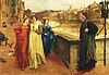 On a bridge a man dressed in black (Dante)looks at three women walking along a street; the central women (Beatrice) looks straight ahead, while the other two look towards Dante