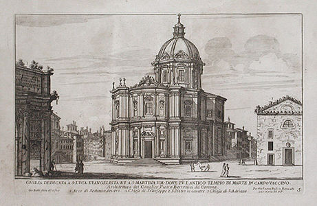 Santi Luca e Martina – Gravyr av Giovanni Battista Falda (cirka 1670). Kyrkan flankeras av Septimius Severus-bågen och Curia Iulia.