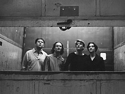 The Freight Elevator Quartet in 1998. From left to right: Paul Feuer, Stephen Krieger, R. Luke DuBois, Rachael Finn.