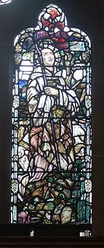 Stain glass window depiction of Saint Mungo, at University of Glasgow