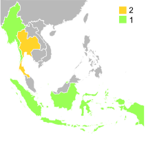 Map shows the number of country which won the trophy by using colour indicator (2002–present).