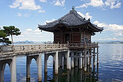 The floating pavilion of Mangetsu-ji on the shores of Lake Biwa, the largest freshwater lake in Japan, located in Otsu City, Shiga Prefecture