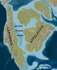 Map showing North America divided by the middle by a large sea