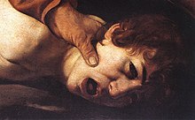 détail du tableau montrant le visage d'un jeune homme la bouche ouverte, une main lui tenant la tête à plat.