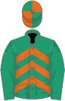 Emerald green, orange chevrons, emerald green sleeves, quartered cap