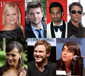 A photo collage featuring pictures of seven different people, with four photos on the top row and three on the bottom row. The top row, from left to right, features a smiling blond woman wearing a black dress, a smiling brown-haired man wearing a tie and jacket, a smiling black-haired man wearing a white tuxedo and black tie, and a frowning brown-haired man wearing sunglasses and a black coat. The bottom row, from left to right, features a smiling brown-haired woman wearing a black dress, a man with brown hair and a beard wearing a suit jacket and tie, and a brown-haired woman speaking into a microphone.