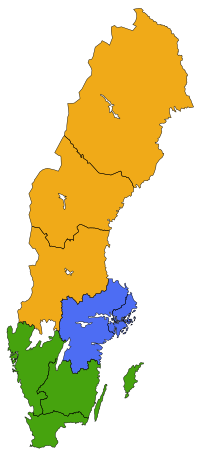 Indelningen av Sverige enligt NUTS 1 och NUTS 2. Vänstra bilden visar NUTS1: SE1 Östra Sverige - blått SE2 Södra Sverige - grönt SE3 Norra Sverige - orange.