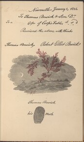 page with Thomas Bewick's fingerprint and text, with print of church at night and red branches overlaid