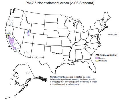 U.S. counties violating national PM2.5 standards, June 2018