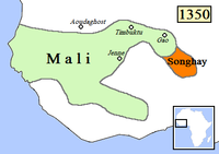 Extension approximative de l'empire du Mali à côté de l'Empire songhaï en 1350.