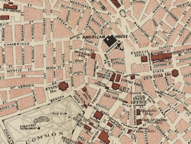 Detail of 1883 map of Boston, showing location of the Boston Museum