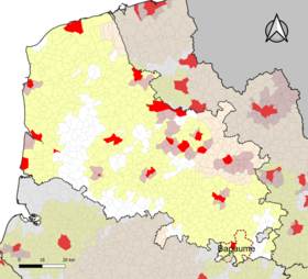 Localisation de l'aire d'attraction de Bapaume dans le département du Pas-de-Calais.