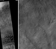 Baltisk crater floor, as seen by HiRISE. Scale bar is 1000 meters long. Dark dunes are visible at the bottom of image on the left.