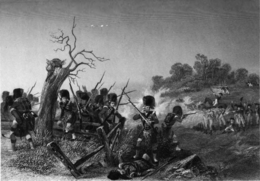Black and white engraving of a military battle on rolling wooded hills with a stand of trees in the distance