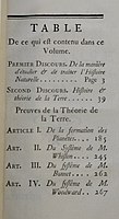 Table of contents for a 1774 edition of volume 1 of "Histoire Naturelle, Générale et Particulière"