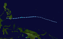 A track map showing the path of a tropical depression over the western Pacific Ocean. It moves west-northwestward at first; around midway through its life, it gently curves into a motion that is generally south of due west.