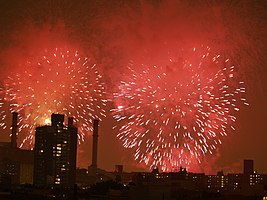 New York City's fireworks display, shown above over the East Village, Manhattan