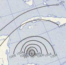 A contoured map showing intervals of pressure changes with contour lines. The contoured lines are concentrated near the bottom of the picture, indicating an area of low pressure.
