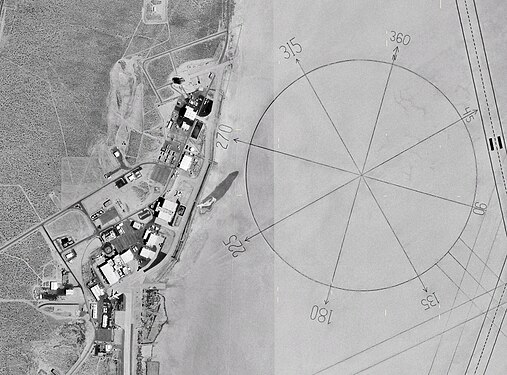 The world's largest compass rose, drawn on the desert floor at Edwards Air Force Base in California, United States. Painted on the playa near Dryden Flight Research Center, it is inclined to magnetic north and is used by pilots for calibrating heading indicators. (Credit: NASA.)