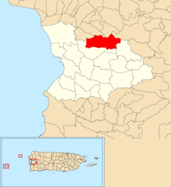 Location of Leguísamo within the municipality of Mayagüez shown in red