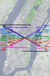 ☎∈ Manhattanhenge map of Manhattan Island, New York City (latitude approximately 40° N) centered on the intersection of Park Avenue and 34th Street, with times and directions of sunsets (solid line) and sunrises (dotted line) in 2011. Times marked with "*" have been adjusted for daylight saving. The purple, pink and green arrows correspond approximately to the summer solstice, equinoxes and winter solstice, respectively.