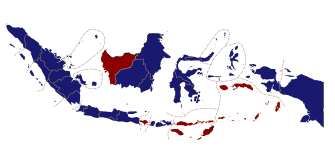 Dark blue denotes those won by Yudhoyono/Kalla, red denotes provinces won by Megawati/Hasyim.