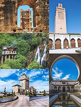 Clockwise from top left: Mansourah Mosque, Great Mosque of Tlemcen, Mechouar Palace, Lalla Setti Park, El-Ourit Waterfalls