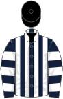 Dark blue and white stripes, hooped sleeves, black cap