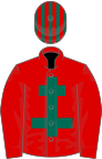 Red, dark green cross of lorraine, striped cap