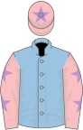 Light blue, pink sleeves, mauve stars, pink cap, mauve star